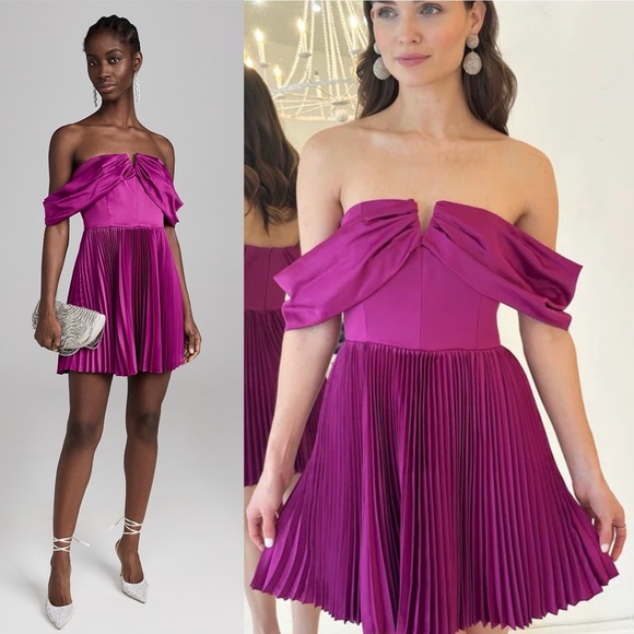 NWT Amur Tilly Pleated Satin Off Shoulder Dress Anthropologie BHLDN - Picture 5 of 12